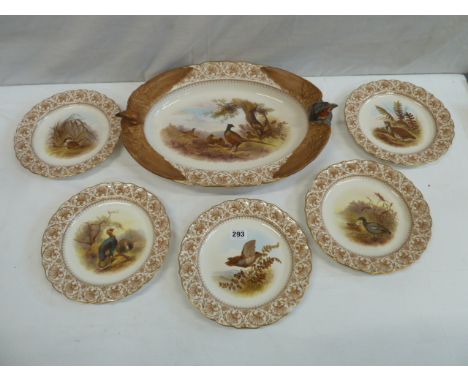 Royal Worcester Vitreous oval game dish with pheasant head handles and side plates c1902 (6)