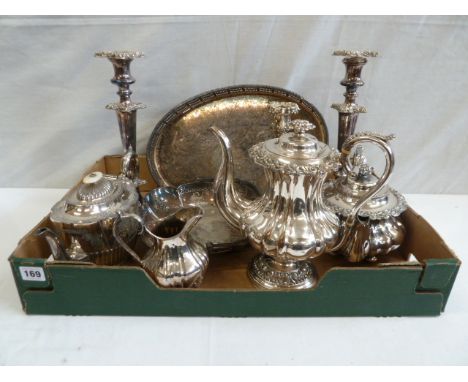 Silver plated candlestick, teapots and trays 