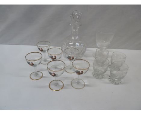 Webb Corbett decanter, etched pigs-in-clover rummer etc 