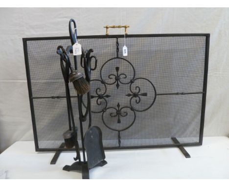 Wrought iron brass handled fireguard and companion set 