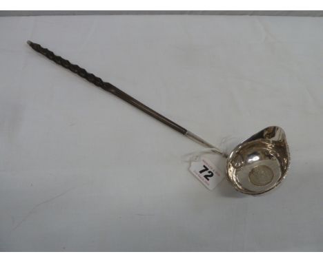 Georgian silver wine ladle set with a 1758 George II coin with a twisted whale bone handle 