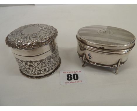 Silver velvet lined oval trinket box - Birmingham 1914 and embossed circular box - Birmingham 1901 (2) 