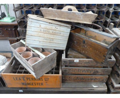 Vintage bottle crates - Schweppes, Lea &amp; Perrins tomato trug, tin egg box etc 
