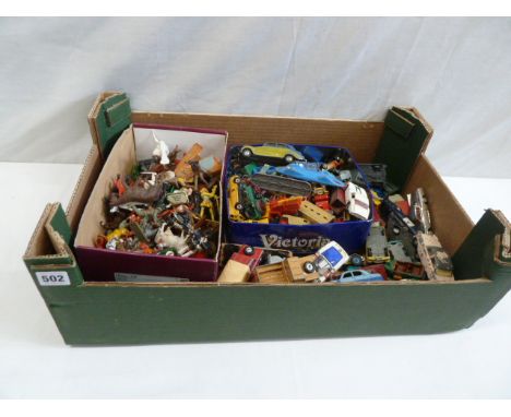 Playworn die cast model cars, Corgi, Spot-On, Matchbox, plastic cowboy and indian figures, animals etc 