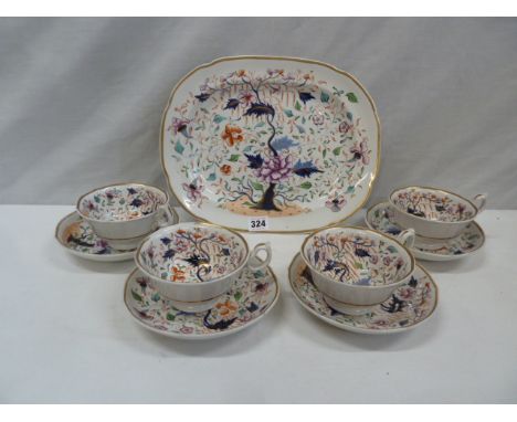 Staffordshire Imari breakfast tea cups saucers and platter c1830
