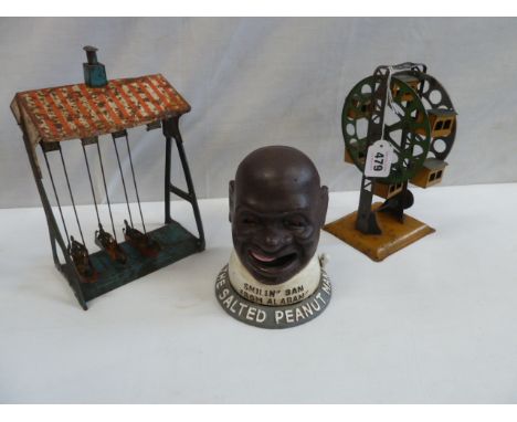 Vintage tin plate fairground toys and cast iron Smilin Sam Peanut Man money box (3)  