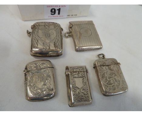 Early 20thC engraved and engine turned silver vesta cases (5) 
