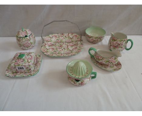 Shelley Maytime Chintz tableware to include - jam pot, juice squeezer, butter dish, cake plate, sugar bowl and creamer etc (7