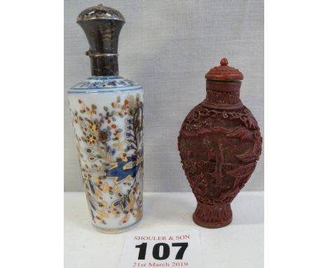 Chinese red covered scent bottle and silver topped ceramic scent bottle 
