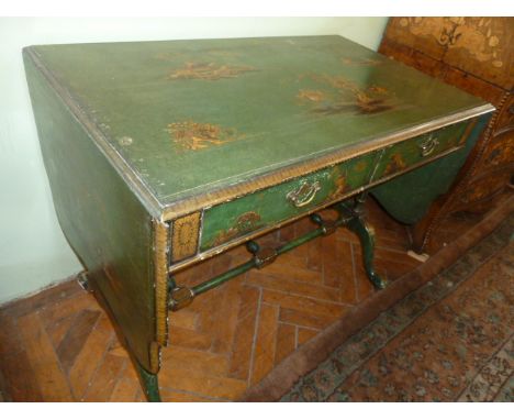 Green lacquered and gilded sofa table with twin pole legs and stretchers 