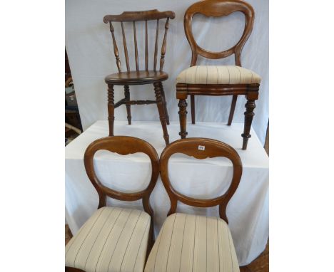 Set 3 Victorian mahogany balloon back dining chairs and a stick back round seat chair 