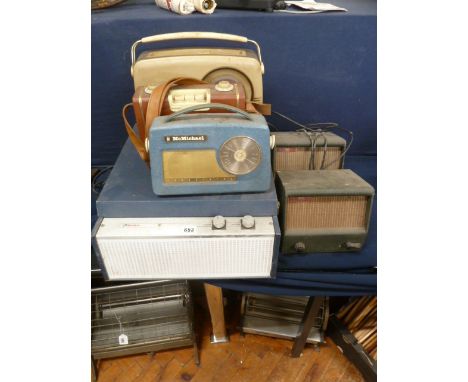 Bush portable record player, transistor radios, Pye intercom speakers (6)