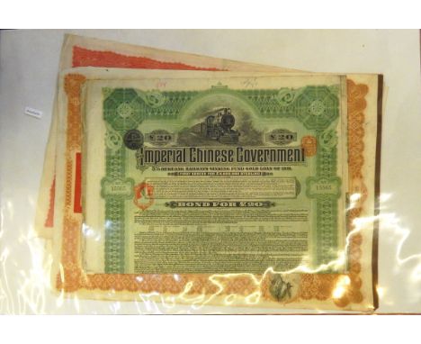 A quantity of bond and share certificates including The Imperial Chinese Government 5% Hukuang Railways Sinking Fund Gold Loa