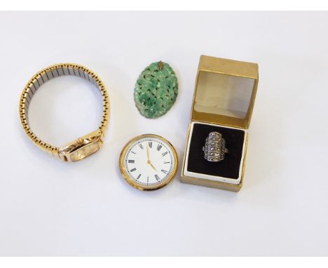 A carved jade pendant together with marcasite white metal ring, lady's F Hinds expanding bracelet wristwatch and other watch 