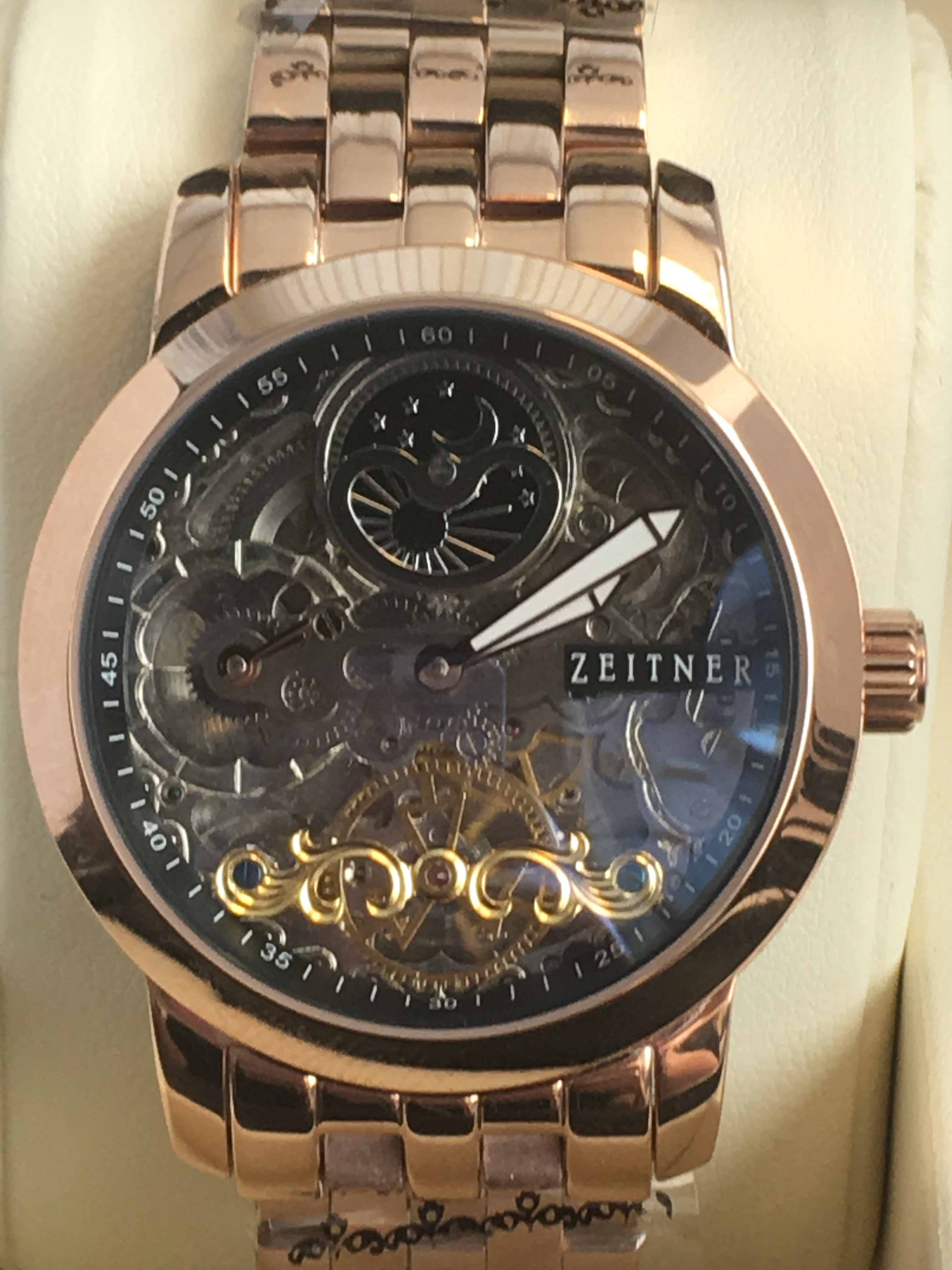 ZEITNER ICONIC AUTOMATIC ROSE WITH BLACK SKELETON MENS WATCH