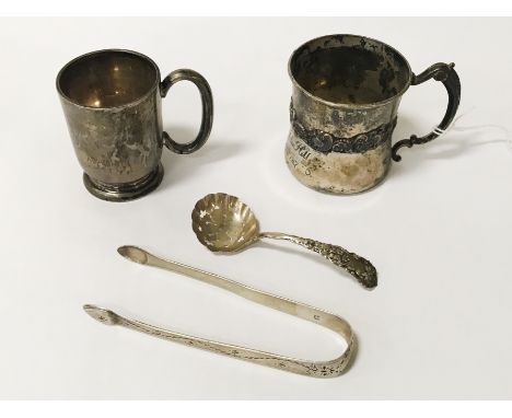 TWO SILVER CUPS &amp; CADDY SPOON , SUGAR TONGS