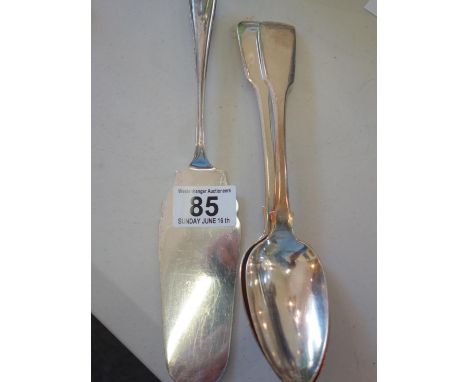 Pair of SILVER h/m dessert spoons, both Georgian period and a heavy SILVER cake server makers EV Sheffield h/m 1928 total wei