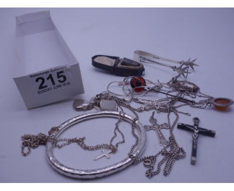 Amount of SILVER items including sugar tongs, necklaces, bangle, 