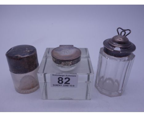 SILVER topped scent decanter with original stopper 2.5" tall, SILVER topped and glass based ink well, and 1 other SILVER topp