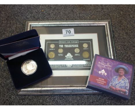 Framed Britains Lost Coinage the Three pence, 6 x coins and a SILVER Centenary Crown, boxed The Queen Mother with coa, 