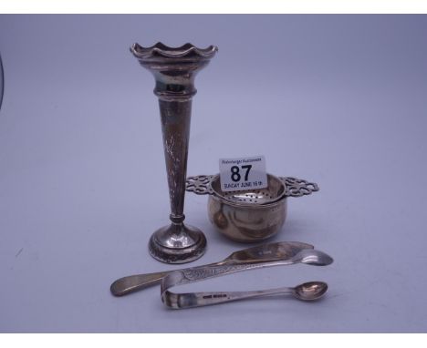 SILVER h/m trumpet vase, 5" tall, SILVER tea strainer with base, pair of SILVER sugar nips, and a SILVER butter knife 97 gram