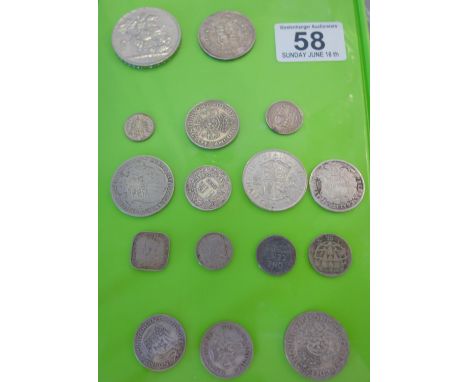 Victoria 1887 half Crown, 1951 5 Shillings, Victorian SILVER Sixpence, and 14 other pre-1947 or 19th century coins 