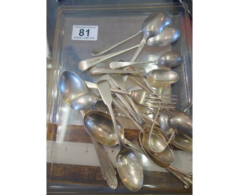 Collection of SILVER  flatware to include mainly tea spoons, some matched items, various h/m 350 grams approx 