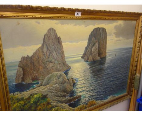 Large oil painting on board, 3 Needles, Seascape, 24" x 38" in gilt framed signed L Surfing? 
