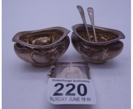Small pair of SILVER salts with SILVER spoons 2" long and a vintage SILVER h/m vesta 