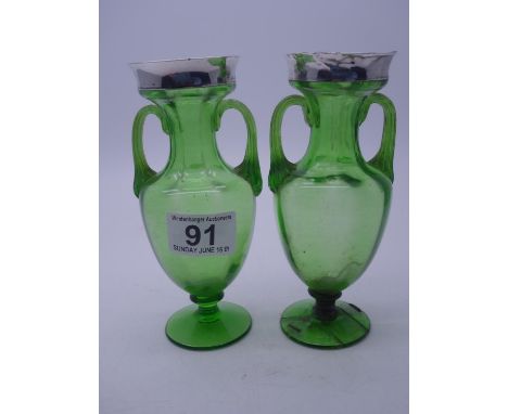 Pair of green glass and SILVER rimmed Victorian period urn shaped vases each one 6.1/4" tall one has damaged repair to base,