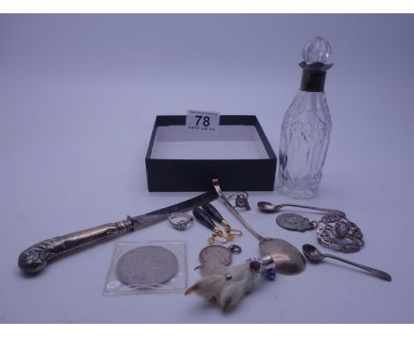 Amount of SILVER or SILVER coloured items including brooches, Scottish claw brooch, Victorian SILVER Crown 1889, SILVER winne