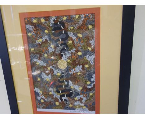 Clifford Possum Tjapaltjarri (1932 –2002 Australian, Possum abstract art measures 21" x 27" mounted in a Dark wood frame.imag