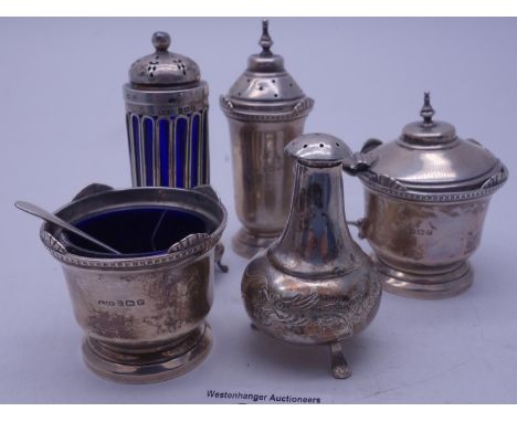 5 x assorted SILVER h/m cruet items, 2 with blue glass liners,