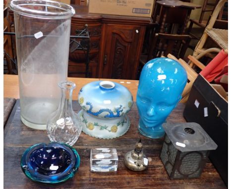 A 1920s CHINOISERIE OIL LAMP SHADE and a collection of decorative glassware