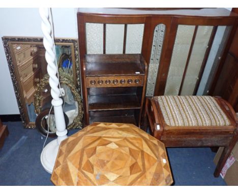 A GILT FRAMED MIRROR, OTHERS a piano stool, china cabinet, a parquetry topped table, standard lamp and a small oak bookcase