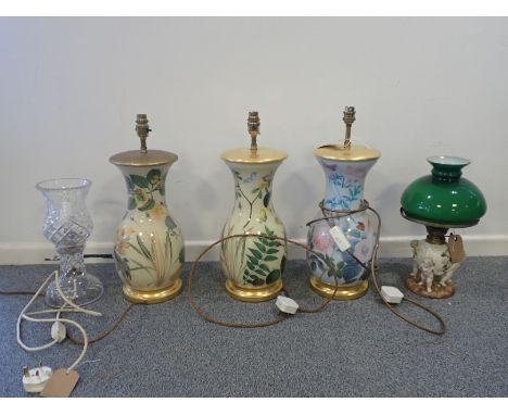 A GROUP OF THREE VASE LAMPS the tallest 40cm high, together with a cut-glass vase lamp, and a Meissen style converted lamp ba