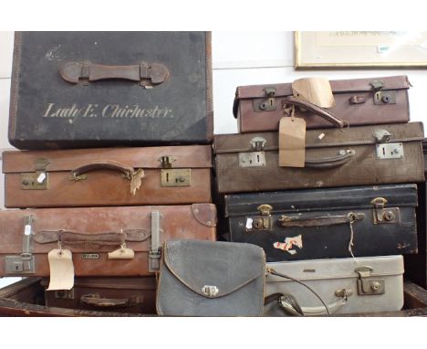 A SMALL TRAVELLING TRUNK 'LADY E. CHICHESTER' and a collection of vintage luggage