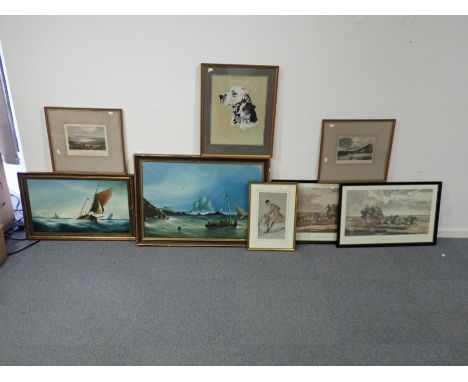 A COLLECTION OF PICTURES AND PRINTS including a seascape with a castle in the background, signed RBT Moore, 51cm x 75cm (a lo