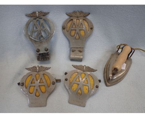 FOUR VINTAGE 'AA' BADGES  (ONE EARLIER) and a vintage travel iron