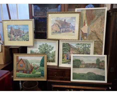 TWO WATERCOLOURS OF THATCHED COTTAGES BY R HAGUE, 1980s with five landscapes of rural scenes
