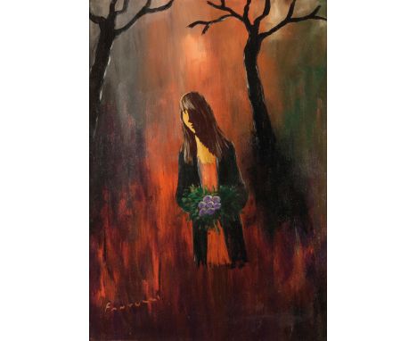 ELIANO FANTUZZI (1909-1987) Atmospheric portrait of a woman in a woodland signed lower left, further signed verso, oil on boa