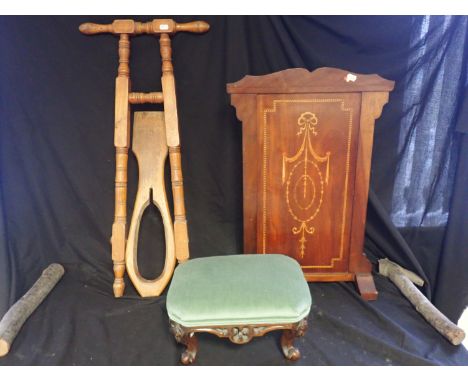 A VICTORIAN MAHOGANY FOOTSTOOL, an Edwardian mahogany and satinwood inlaid firescreen; and Edwardian oak freestanding boot pu