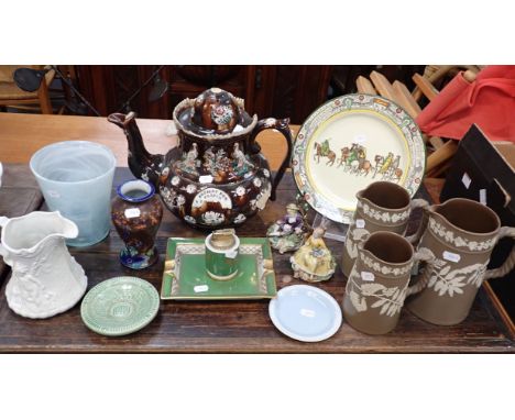 A LARGE BARGEWARE TEAPOT (damaged) with decorative ceramics and glass, including a Doulton Canterbury Pilgrims plate