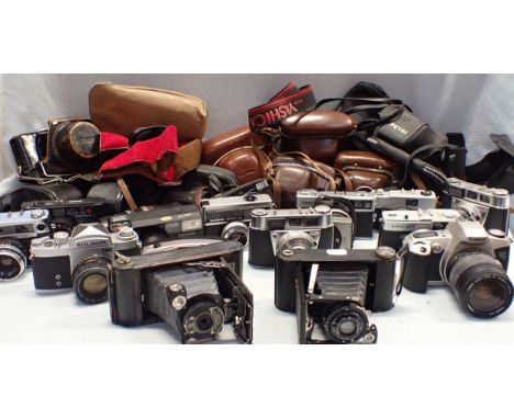 ACOLLECTION OF  VINTAGE CAMERAS including bellows cameras, and some in leather cases