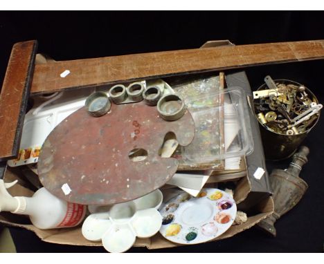 A COLLECTION OF ARTIST'S MATERIALS, AND IRONMONGERY including a cast iron finial