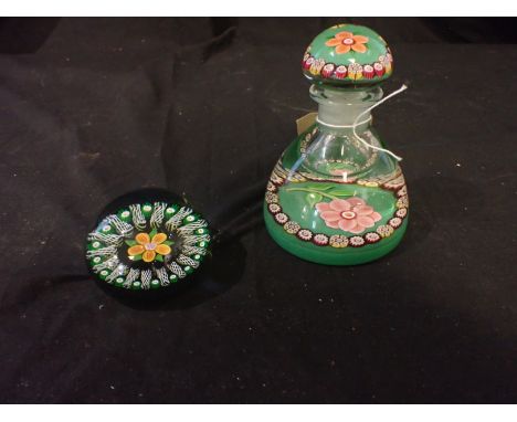 A MILLEFIORI GLASS INKWELL PAPERWEIGHT 13cm high, together with another millefiori paperweight, 5cm high (2)