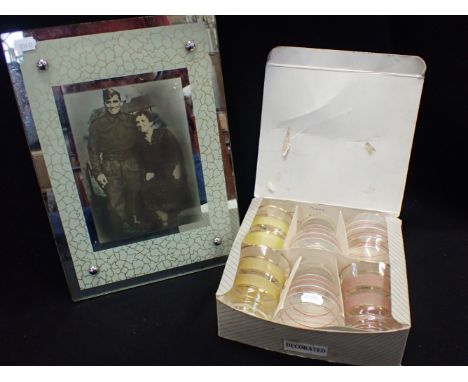 AN ART DECO MIRRORED PHOTO FRAME, WITH CRACKED ICE PATTERN and six vintage glass tumblers