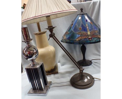 AN ADJUSTABLE TABLE LAMP a Tiffany style 'Dragonfly' lamp (damaged) and two other lamps