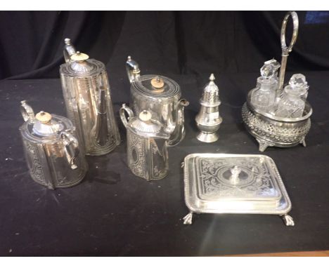 A QUANTITY OF SILVER PLATE a silver plated teapot inscribed Henry Hobson, a silver plated cream jug, a silver plated sucrier,