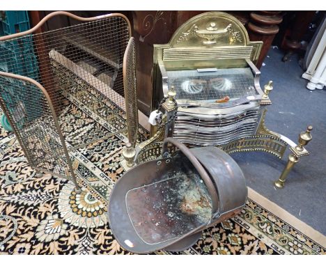 A COPPER COAL SCUTTLE Adam style electric fire (not tested), and a wire fireguard